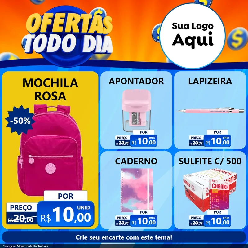 Modelo de Rede Social para Feed Facebook com o tema Ofertas Todo Dia para Papelaria