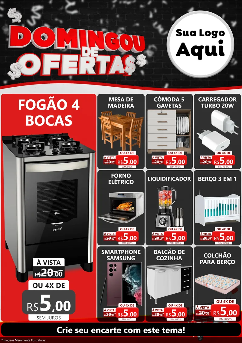 Modelo de Encarte para Encarte A4 Vertical com o tema Domingou de Ofertas para Móveis e Eletro