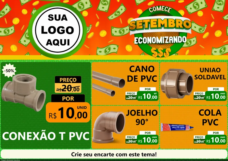Modelo de Encarte para Encarte A4 Horizontal com o tema Comece Setembro Economizando para Tubos e conexões