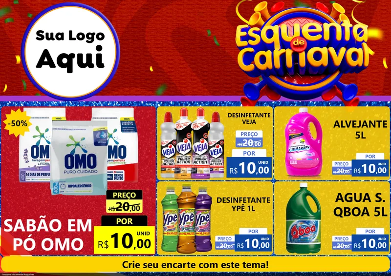 Modelo de Encarte para Encarte A4 Horizontal com o tema Esquenta de Carnaval para Produtos de Limpeza