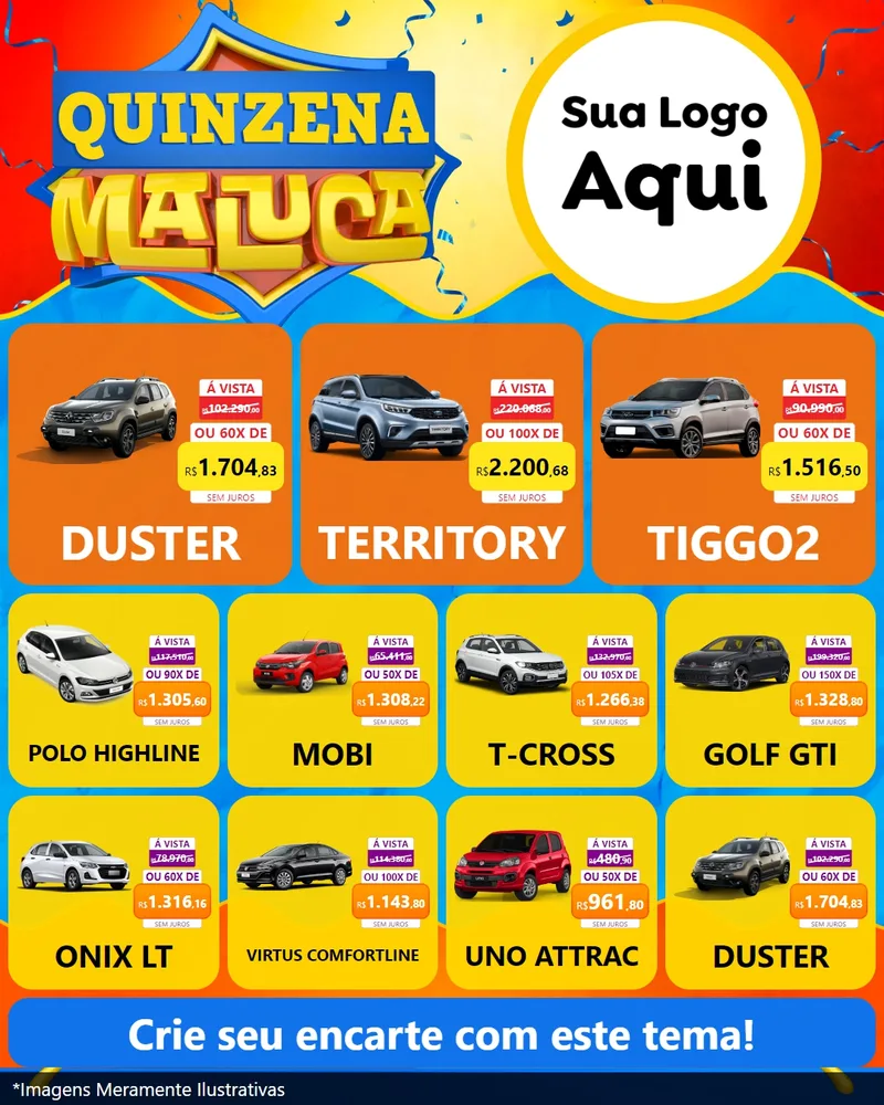 Modelo de Rede Social para Feed Instagram com o tema Quinzena Maluca para Concessionaria de Carros
