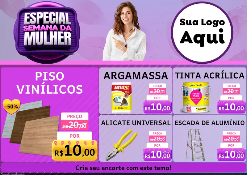 Modelo de Encarte para Encarte A4 Horizontal com o tema Especial Semana da Mulher para Material para Construção