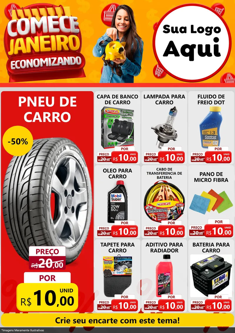 Modelo de Encarte para Encarte A4 Vertical com o tema Comece Janeiro Economizando para Auto peças