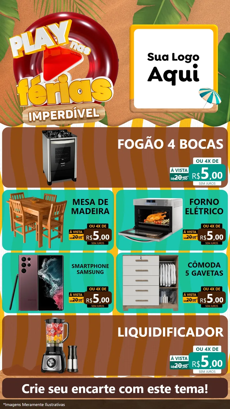 Modelo de TV para TV Vertical com o tema Play Nas Férias Imperdível para Móveis e Eletro