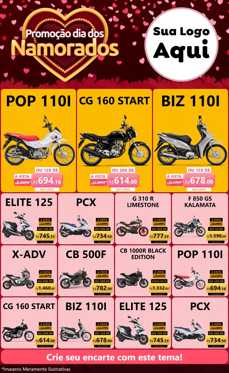 Modelo de Encarte para Encarte Grande com o tema Promoção Dia Dos Namorados para Concessionaria de Motos