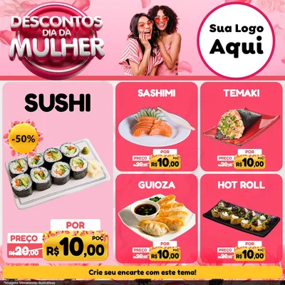 Modelo de Rede Social para Feed Facebook com o tema Descontos Dia da Mulher para Comida japonesa