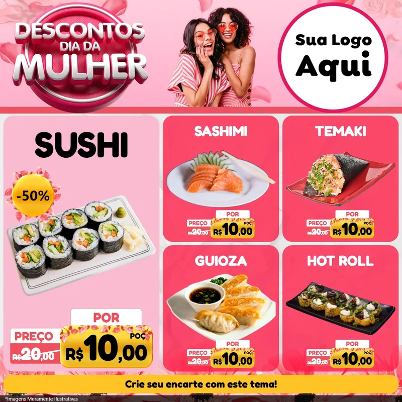 Modelo de Rede Social para Feed Facebook com o tema Descontos Dia da Mulher para Comida japonesa