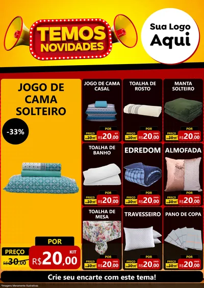 Modelo de Encarte para Encarte A4 Vertical com o tema Temos Novidades para Cama, Mesa e Banho