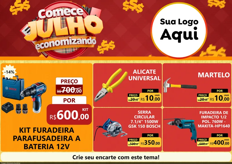 Modelo de Encarte para Encarte A4 Horizontal com o tema Comece Julho Economizando para Maquinas e Ferramentas