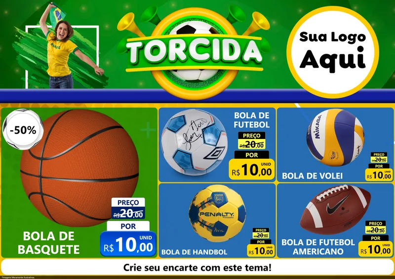 Modelo de Encarte para Encarte A4 Horizontal com o tema Torcida para Artigos Esportivos