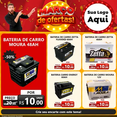 Modelo de Rede Social para Feed Facebook com o tema Março de Ofertas! para Baterias Elétricas