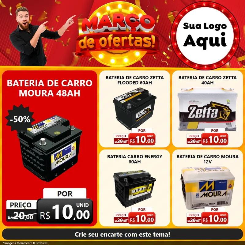 Modelo de Rede Social para Feed Facebook com o tema Março de Ofertas! para Baterias Elétricas