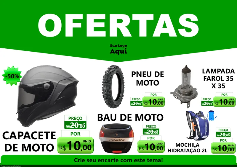 Modelo de Encarte para Encarte A4 Horizontal com o tema Ofertas Verde Cartaz para Moto peças