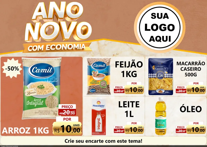Modelo de Encarte para Encarte A4 Horizontal com o tema Ano Novo Com Economia para Supermercado