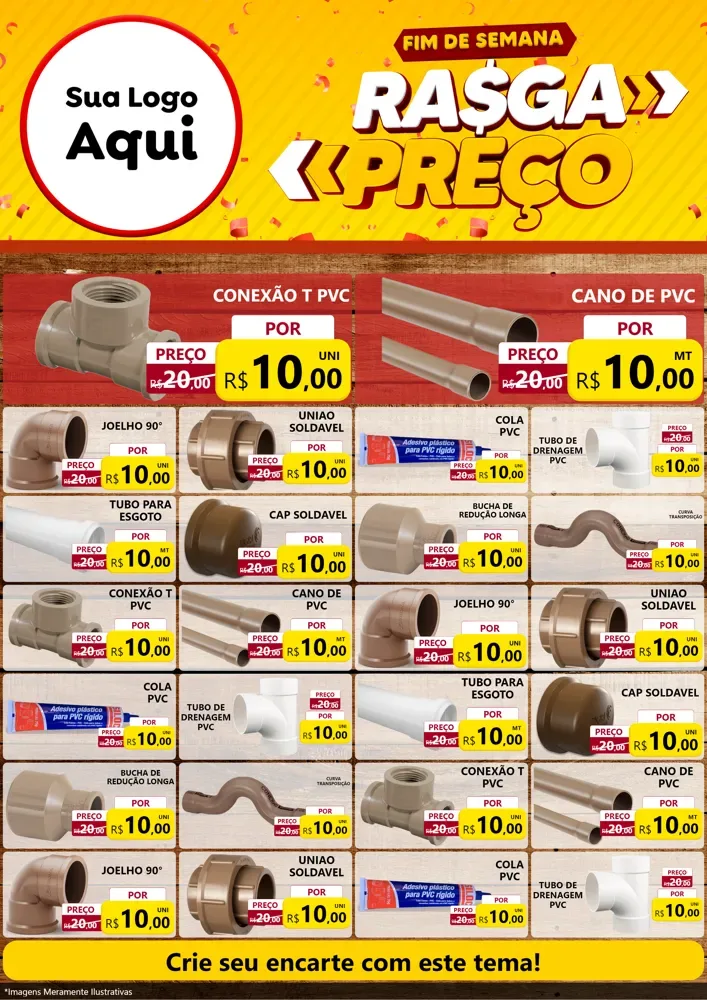 Modelo de Encarte para Encarte A4 Vertical com o tema Fim de Semana Rasga Preços para Tubos e conexões