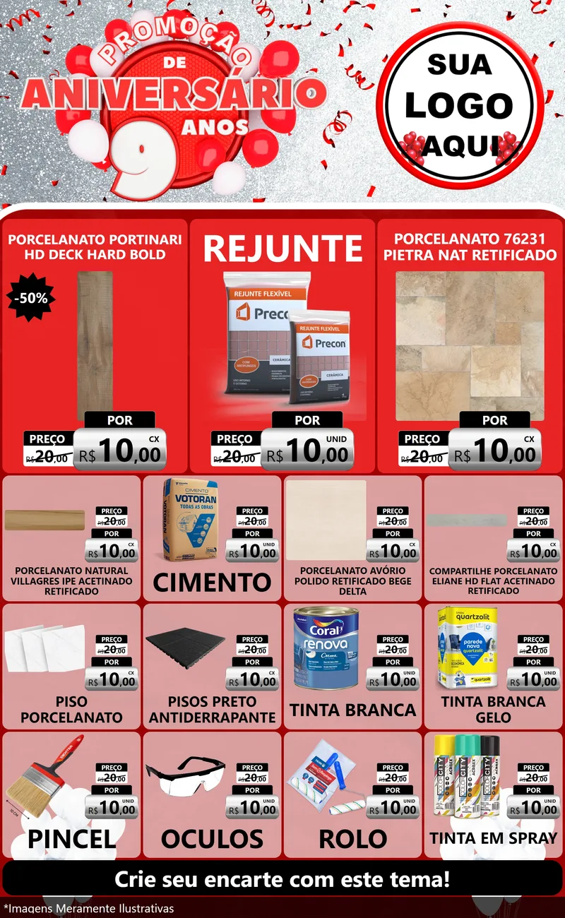 Modelo de Encarte para Encarte Grande com o tema Promoção de Aniversário - 9 Anos para Pisos e revestimentos