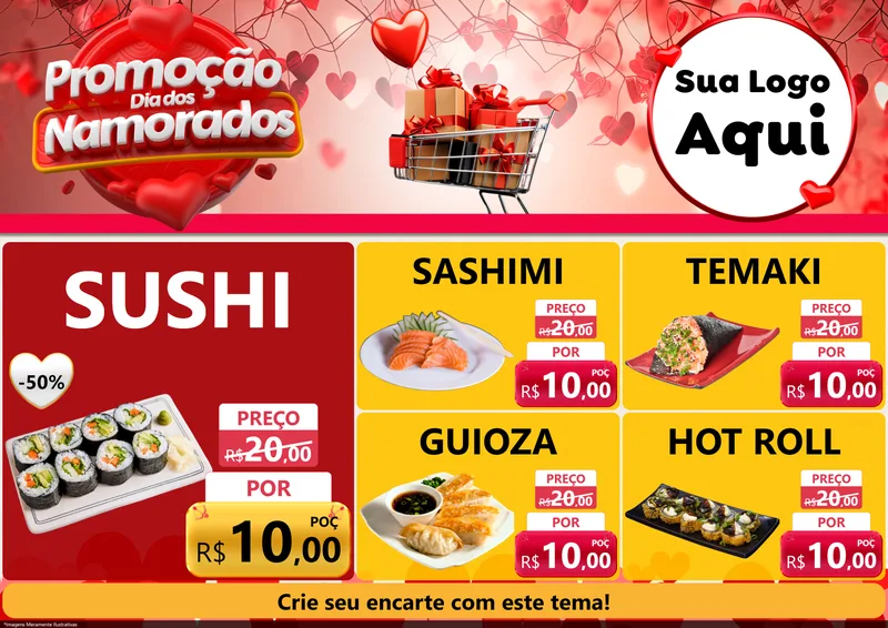 Modelo de Encarte para Encarte A4 Horizontal com o tema Promoção Dia dos Namorados para Comida japonesa