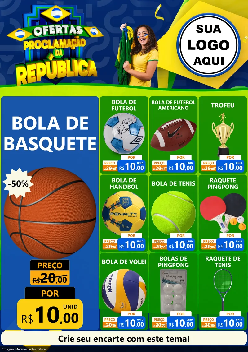 Modelo de Encarte para Encarte A4 Vertical com o tema Ofertas Proclamação da República para Artigos Esportivos