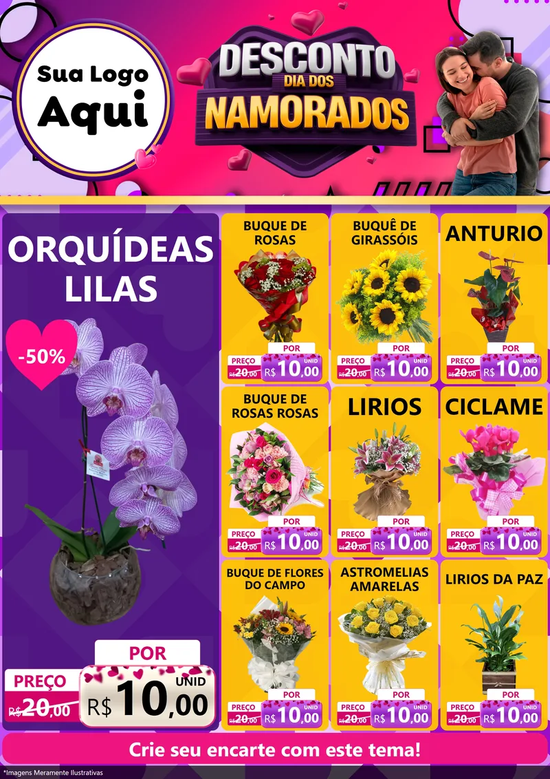 Modelo de Encarte para Encarte A4 Vertical com o tema Desconto Dia dos Namorados para Floricultura e jardim