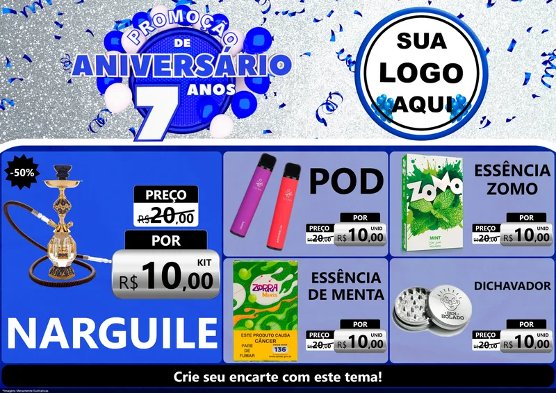 Modelo de Encarte para Encarte A4 Horizontal com o tema Promoção de Aniversário - 7 Anos para Tabacaria