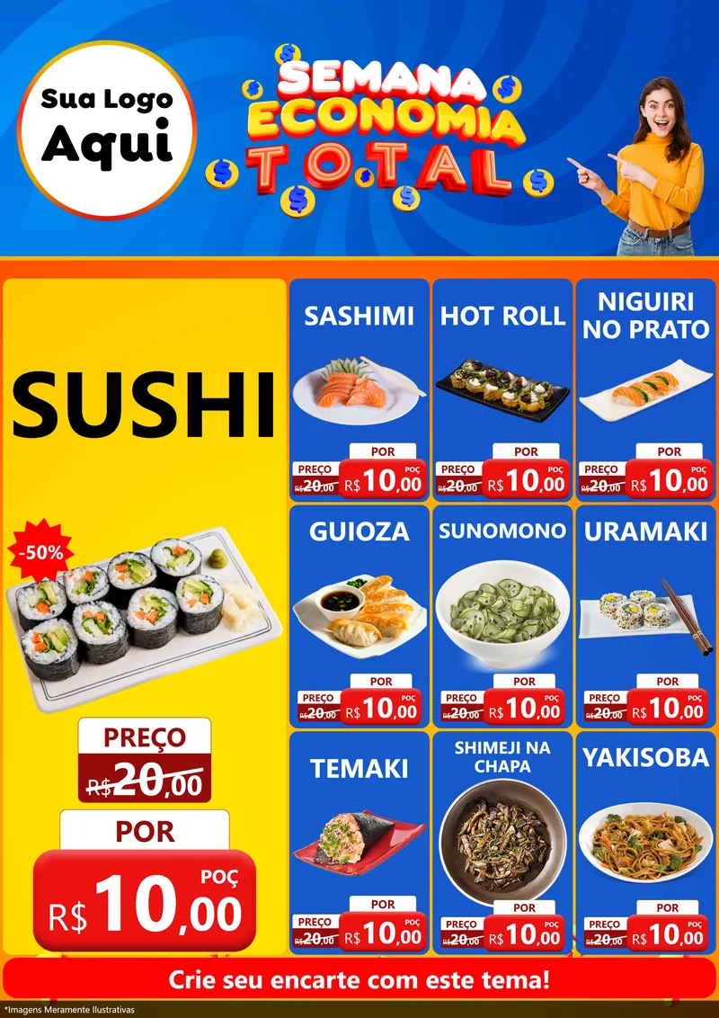 Modelo de Encarte para Encarte A4 Vertical com o tema Semana Economia Total para Comida japonesa