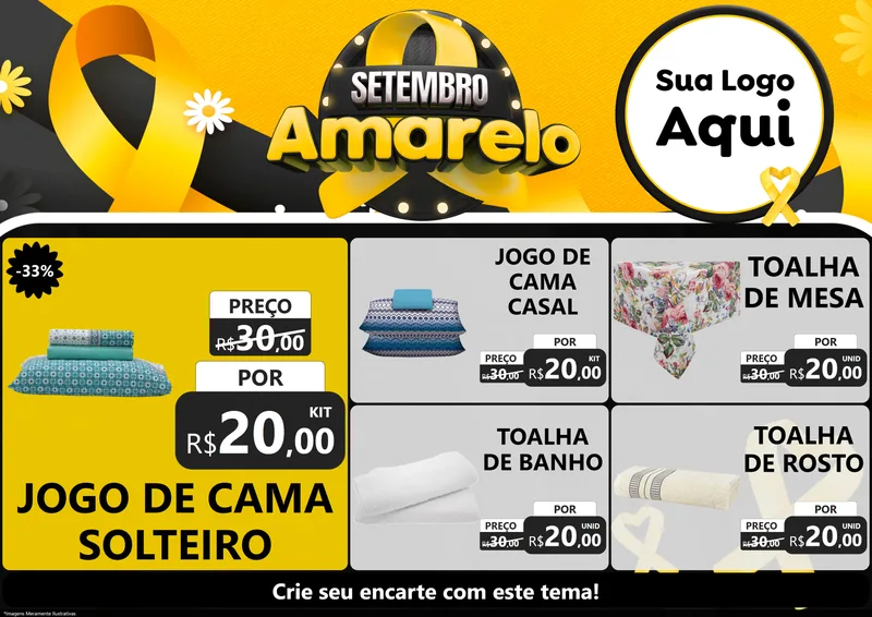 Modelo de Encarte para Encarte A4 Horizontal com o tema Setembro Amarelo para Cama, Mesa e Banho
