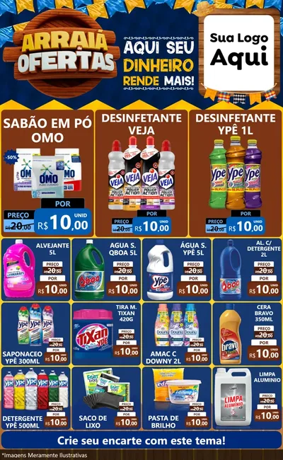 Modelo de Encarte para Encarte Grande com o tema Arraiá de Ofertas - Junina para Produtos de Limpeza