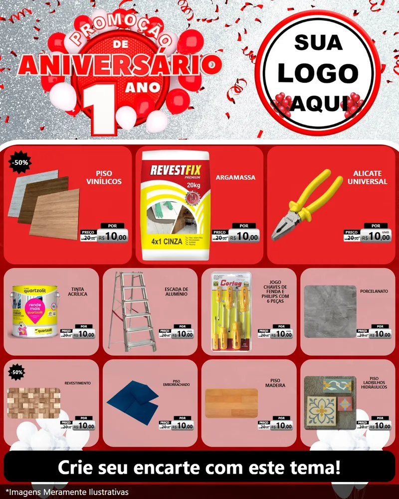 Modelo de Rede Social para Feed Instagram com o tema Promoção de Aniversário - 1 Ano para Material para Construção