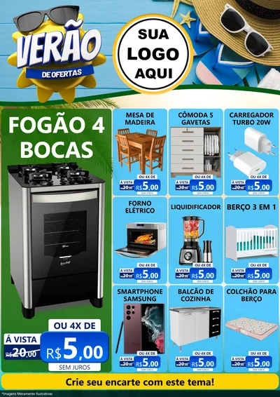 Modelo de Encarte para Encarte A4 Vertical com o tema Verão de Ofertas para Móveis e Eletro
