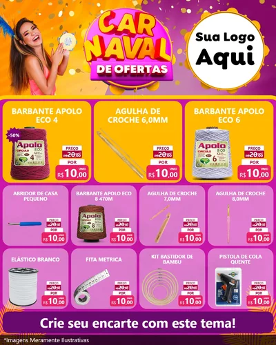 Modelo de Rede Social para Feed Instagram com o tema Carnaval de Ofertas para Armarinho e Aviamentos