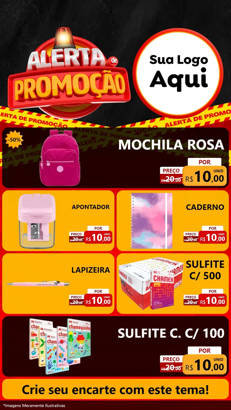 Modelo de TV para TV Vertical com o tema Alerta de Promoção para Papelaria