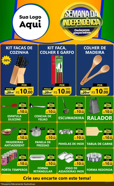 Modelo de Encarte para Encarte Grande com o tema Semana da Independência Declaramos Preços Baixos para Utilidades Domésticas