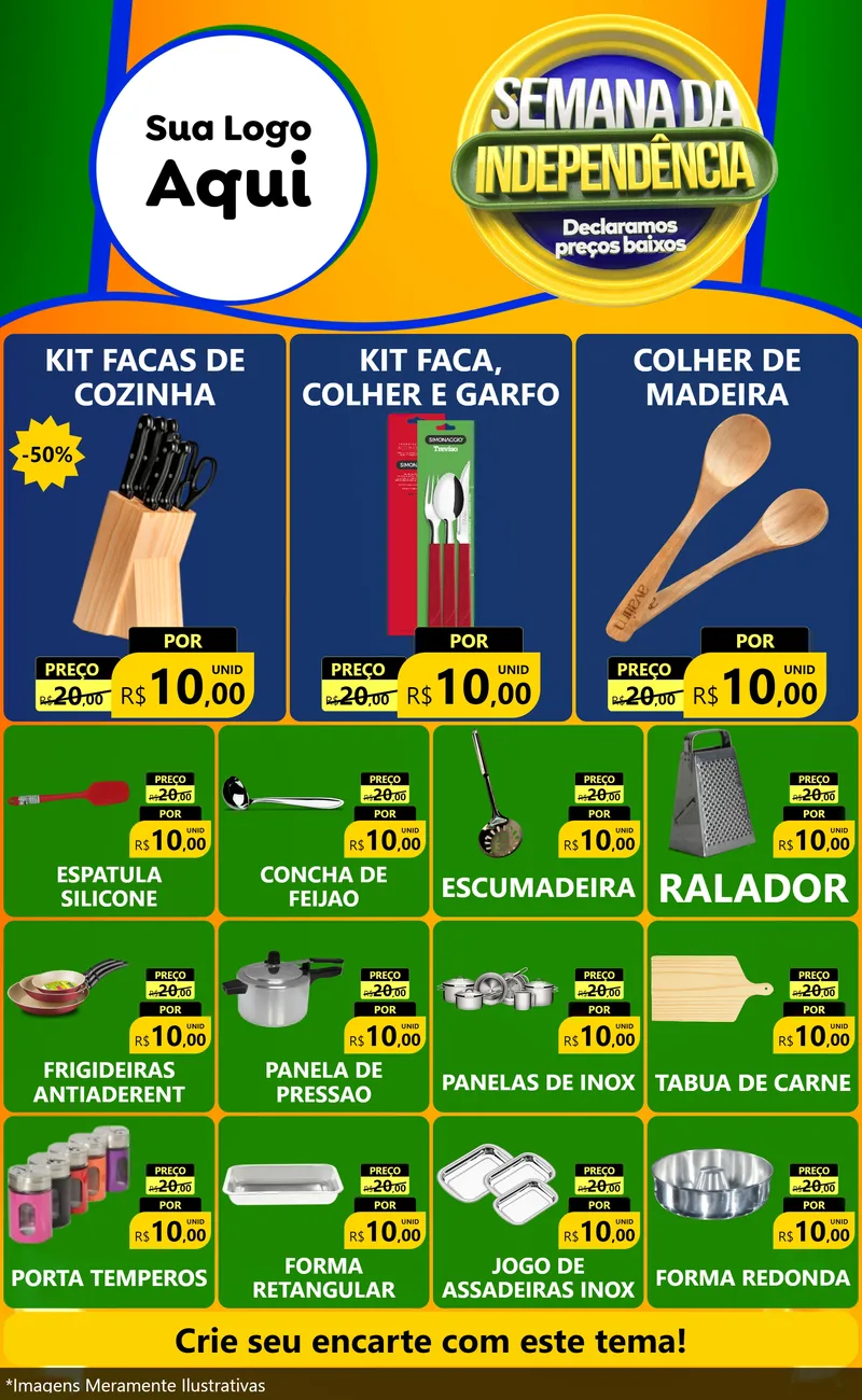 Modelo de Encarte para Encarte Grande com o tema Semana da Independência Declaramos Preços Baixos para Utilidades Domésticas