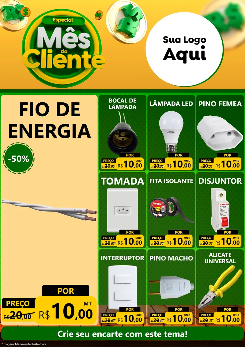 Modelo de Encarte para Encarte A4 Vertical com o tema Especial Mês do Cliente para Materiais Elétricos