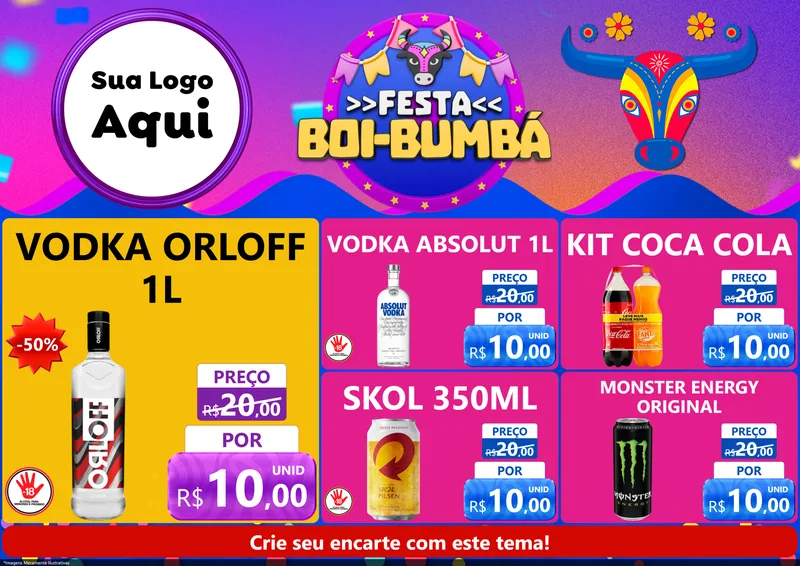Modelo de Encarte para Encarte A4 Horizontal com o tema Festa Boi-Bumbá para Distribuidora de bebidas