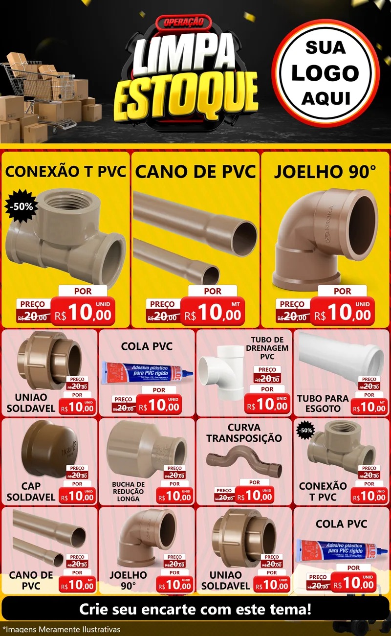 Modelo de Encarte para Encarte Grande com o tema Operação Limpa Estoque para Tubos e conexões