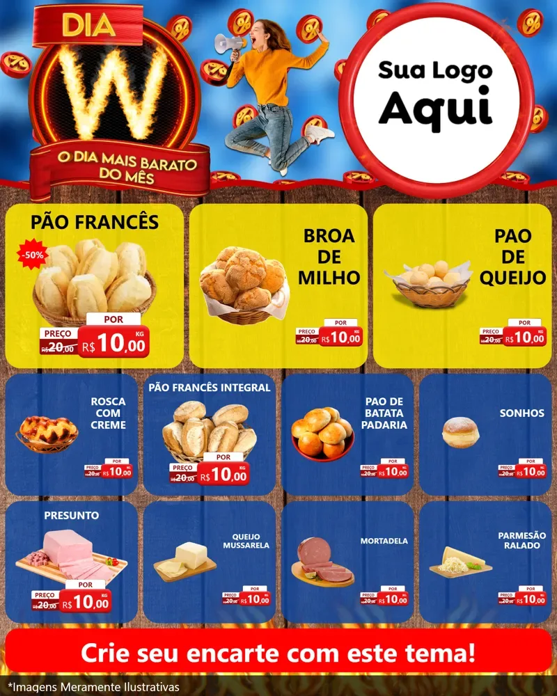 Modelo de Rede Social para Feed Instagram com o tema Dia W - O Dia Mais Barato Do Mês para Padaria