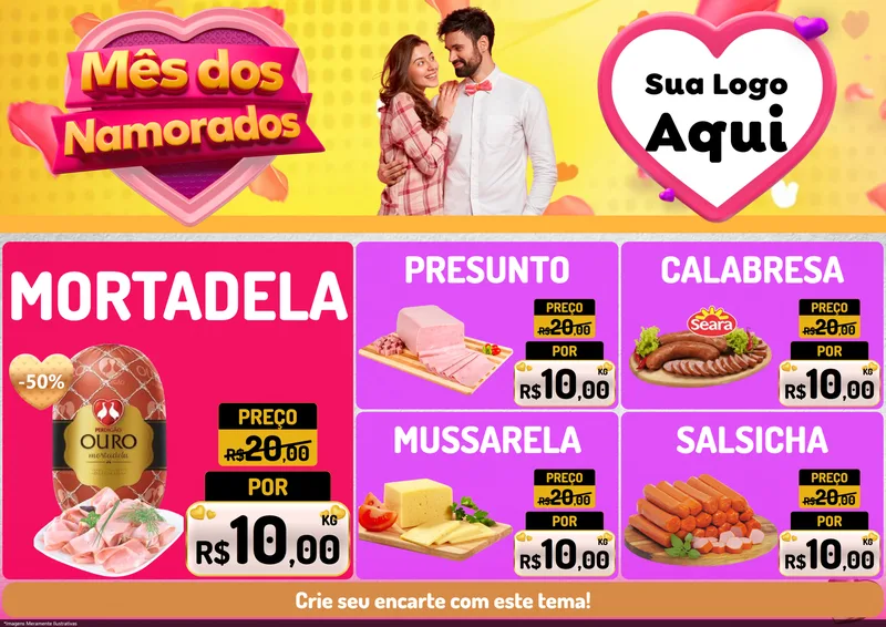 Modelo de Encarte para Encarte A4 Horizontal com o tema Mês dos Namorados para Frios e Laticínios