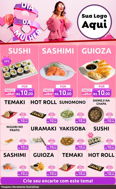 Modelo de Encarte para Encarte Grande com o tema Dia da Mulher para Comida japonesa
