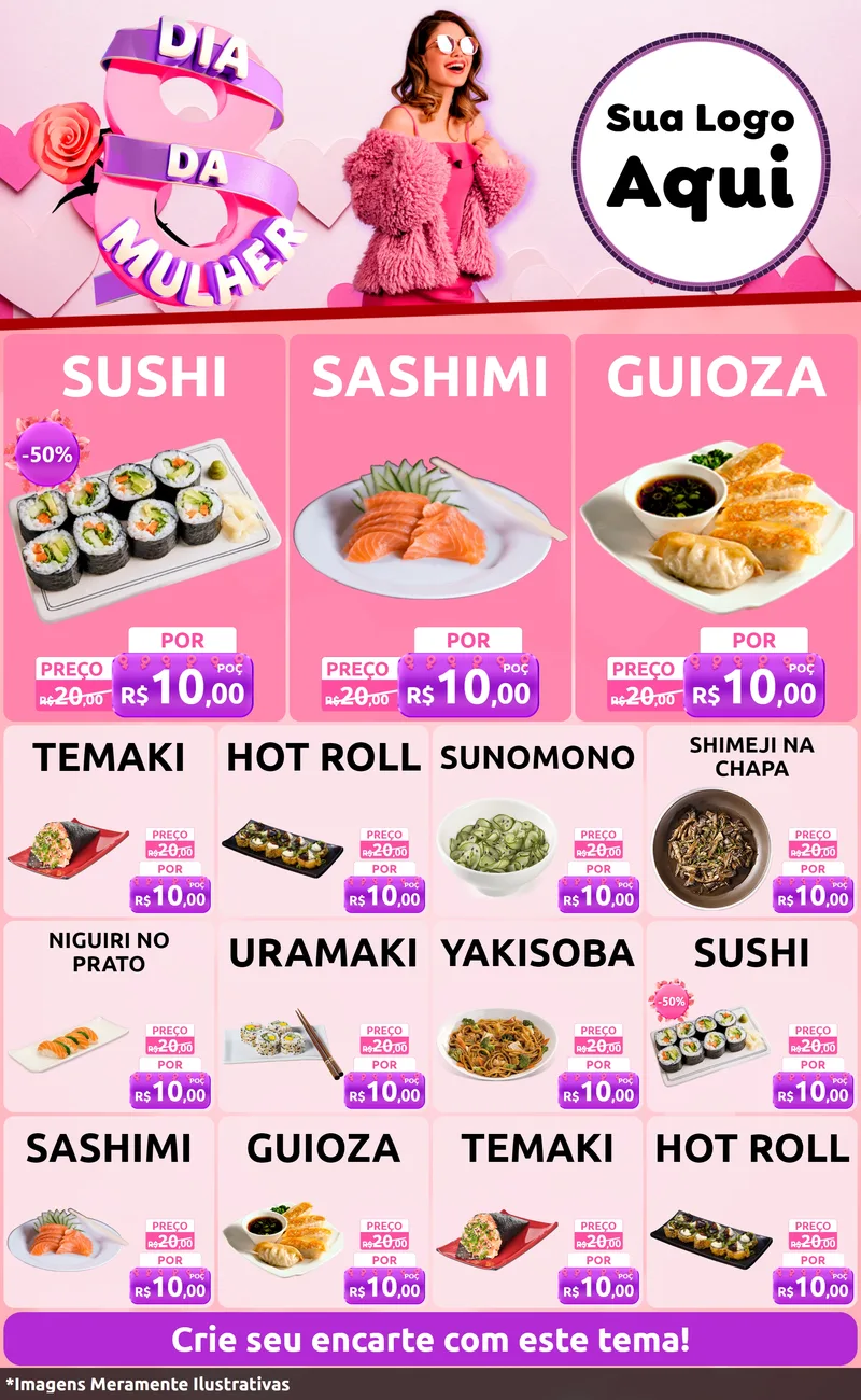 Modelo de Encarte para Encarte Grande com o tema Dia da Mulher para Comida japonesa