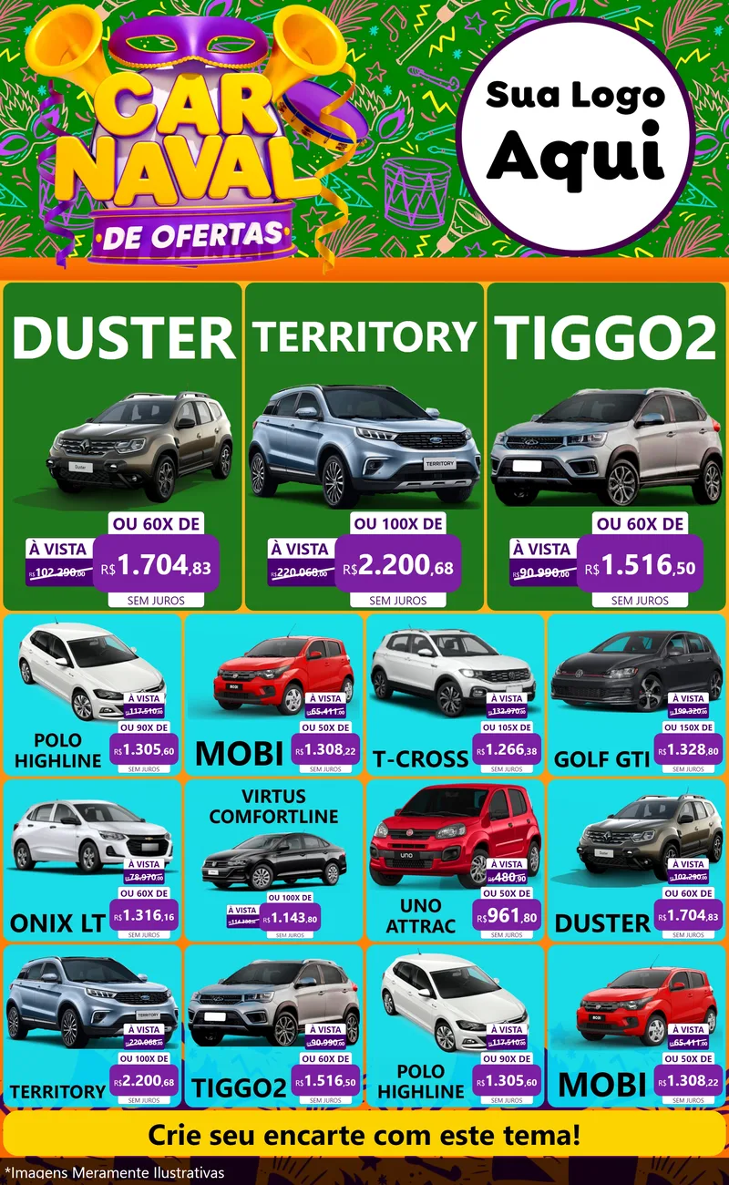 Modelo de Encarte para Encarte Grande com o tema Carnaval de Ofertas para Concessionaria de Carros
