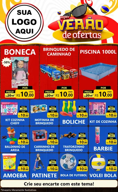 Modelo de Encarte para Encarte Grande com o tema Super Verão de Ofertas para Brinquedos