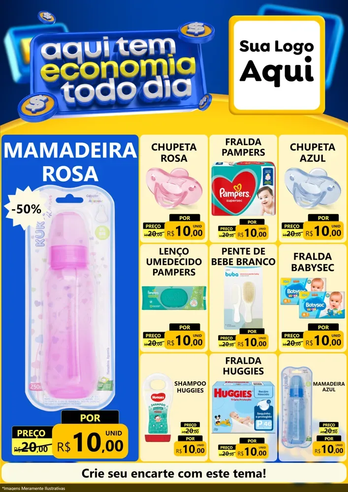 Modelo de Encarte para Encarte A4 Vertical com o tema Aqui Tem Economia Todo Dia para Bebês