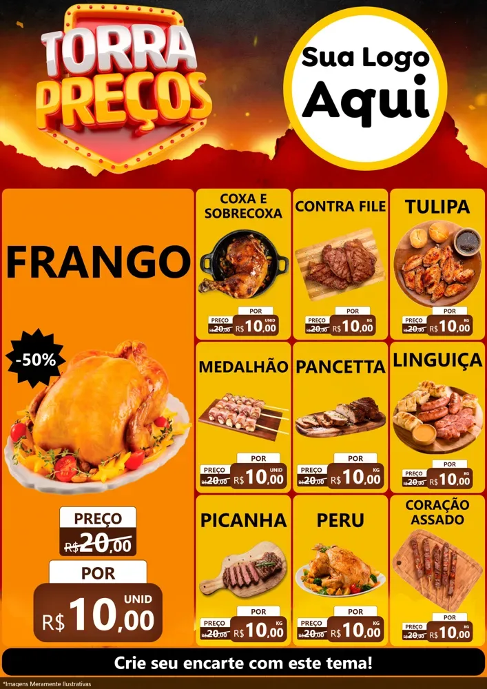 Modelo de Encarte para Encarte A4 Vertical com o tema Torra Preços para Assados