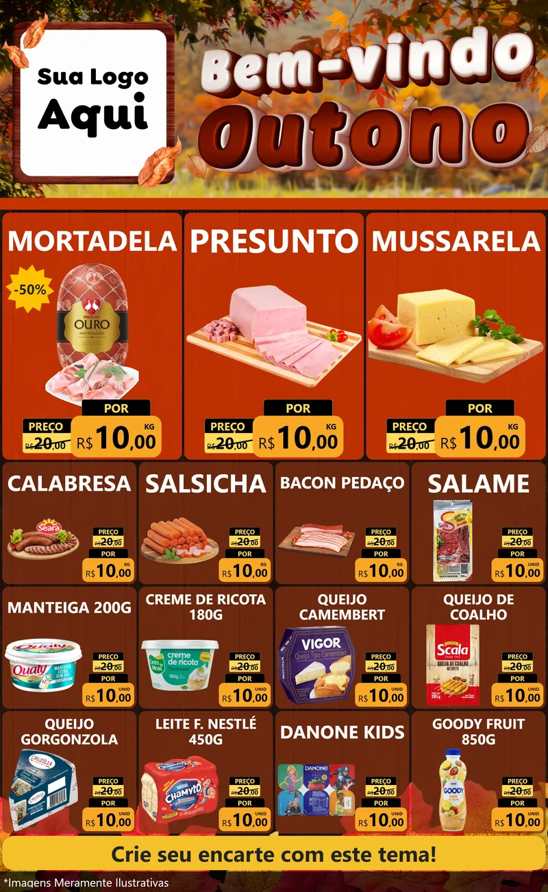 Modelo de Encarte para Encarte Grande com o tema Bem-vindo Outono para Frios e Laticínios