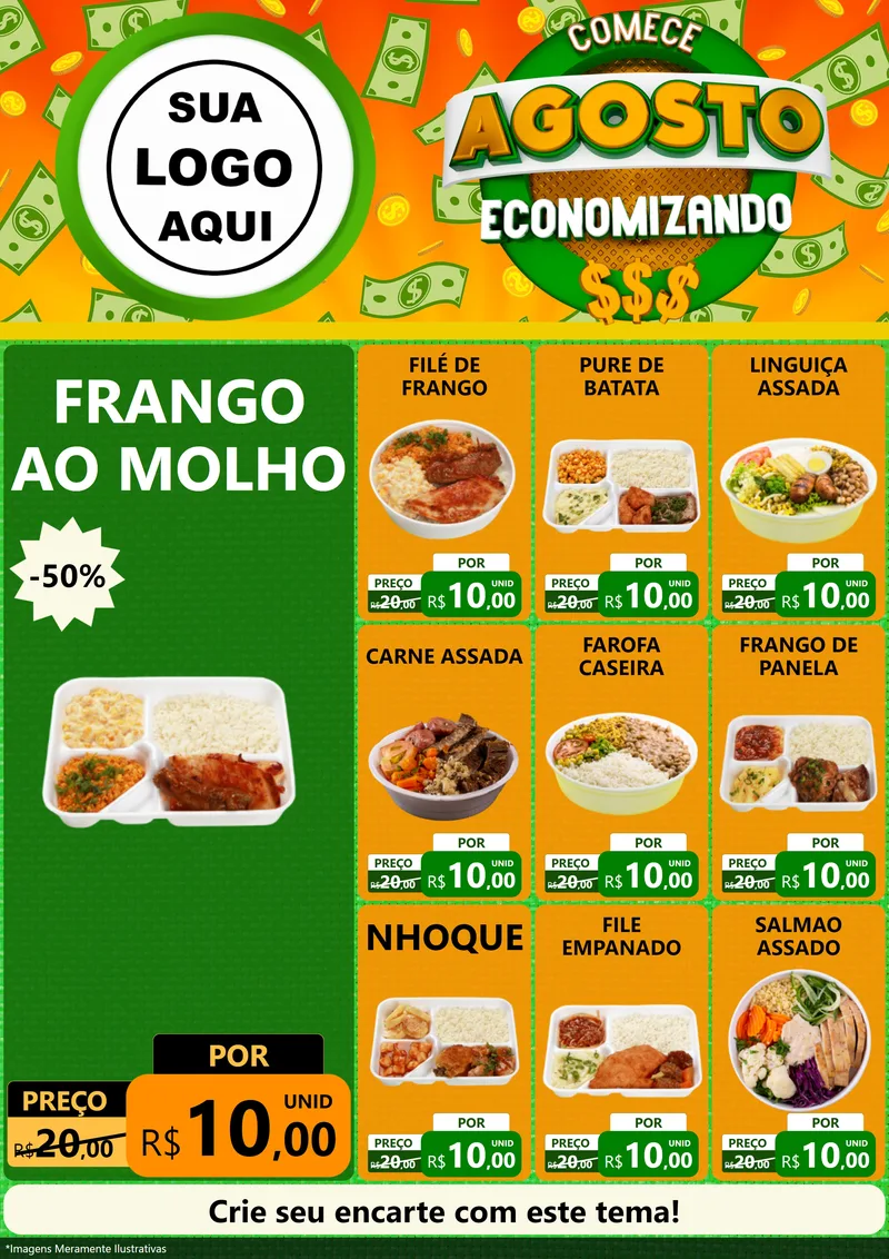 Modelo de Encarte para Encarte A4 Vertical com o tema Comece Agosto Economizando para Restaurante