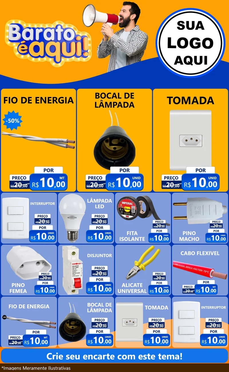 Modelo de Encarte para Encarte Grande com o tema Barato é aqui para Materiais Elétricos