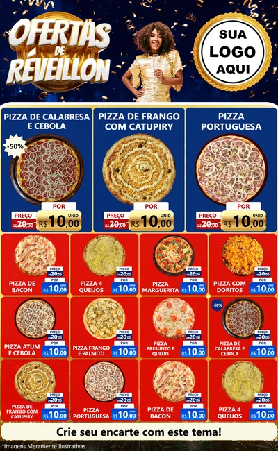 Modelo de Encarte para Encarte Grande com o tema Ofertas de Réveillon para Pizzaria