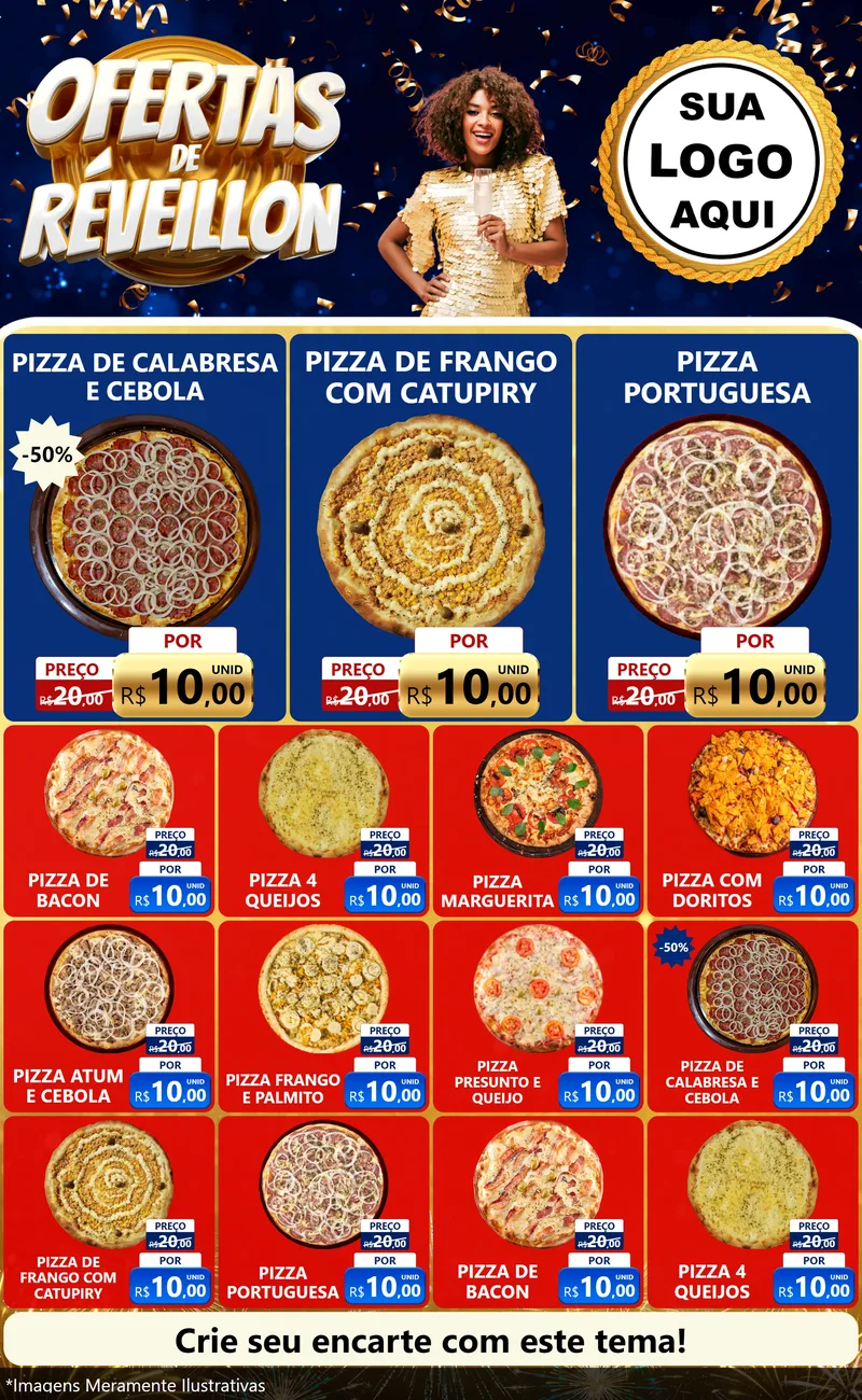 Modelo de Encarte para Encarte Grande com o tema Ofertas de Réveillon para Pizzaria
