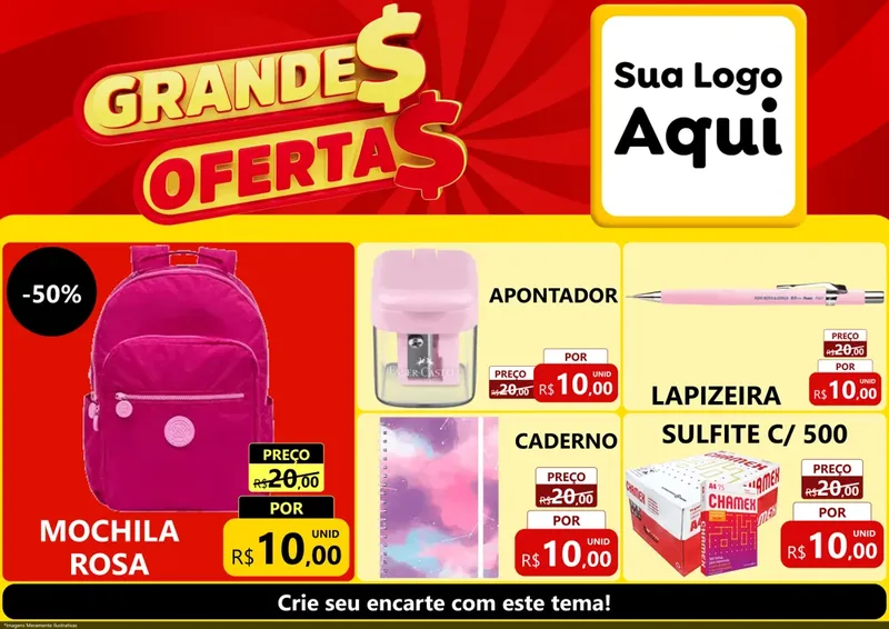 Modelo de Encarte para Encarte A4 Horizontal com o tema Grandes Ofertas para Papelaria